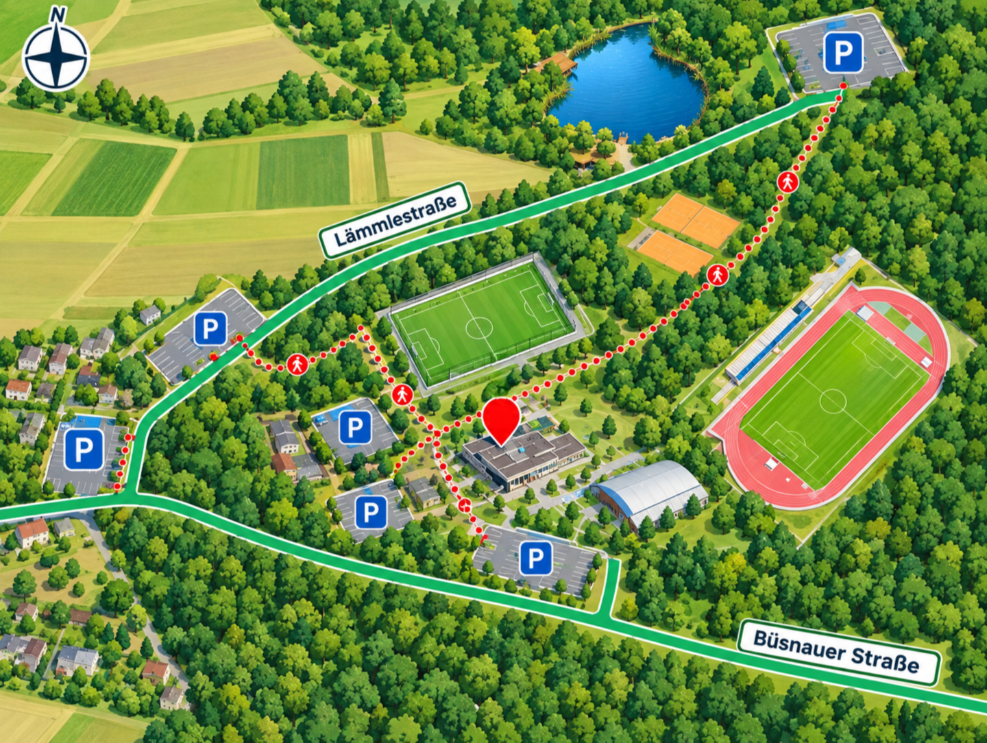 Illustrierte Karte der Staigwaldhalle in Warmbronn mit mehreren markierten Parkplätzen und Fußwegen zur Halle